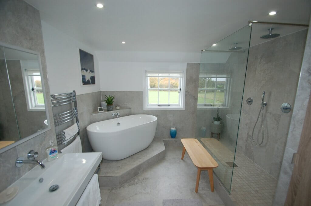 Bathroom in Marden with BC Designs bath and Roman walk in shower